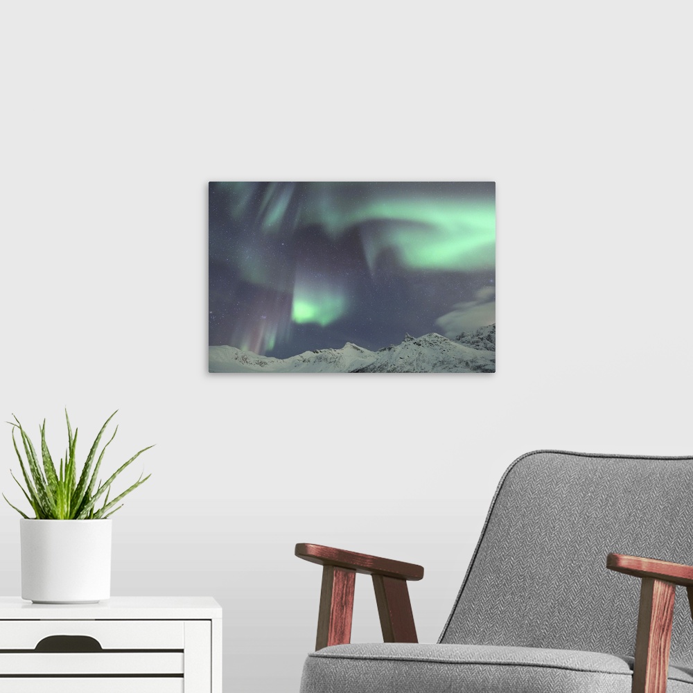 A modern room featuring Nothern lights, Aurora Borealis, Tromso, Troms, Norway