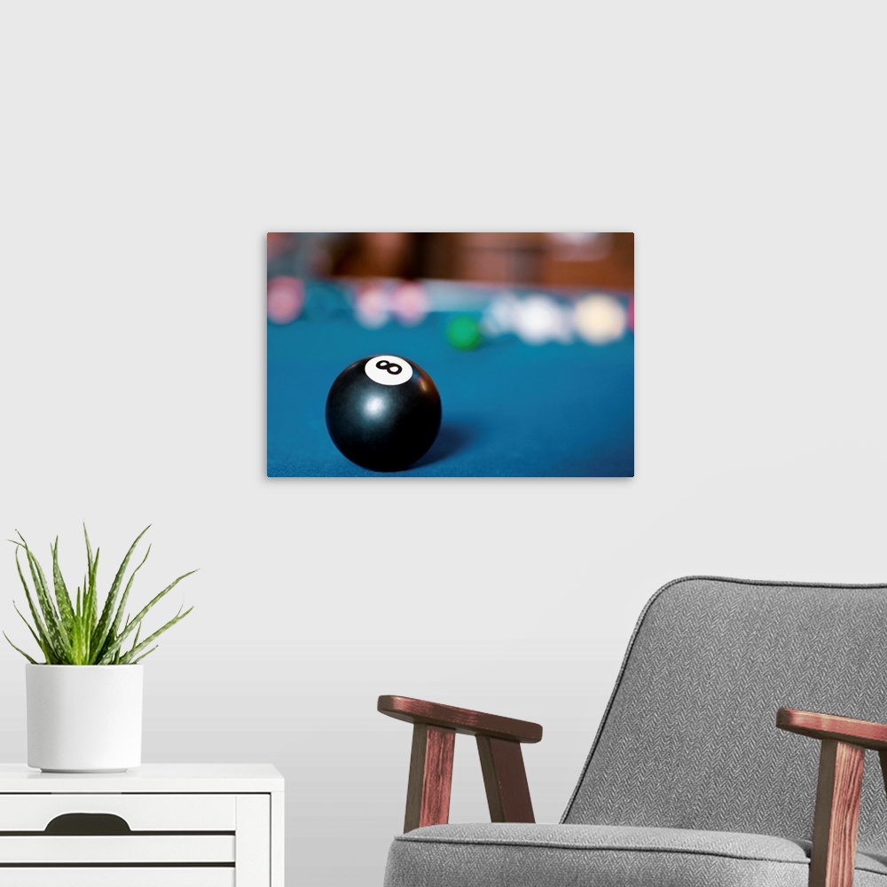 A modern room featuring Number Eight Pool Ball