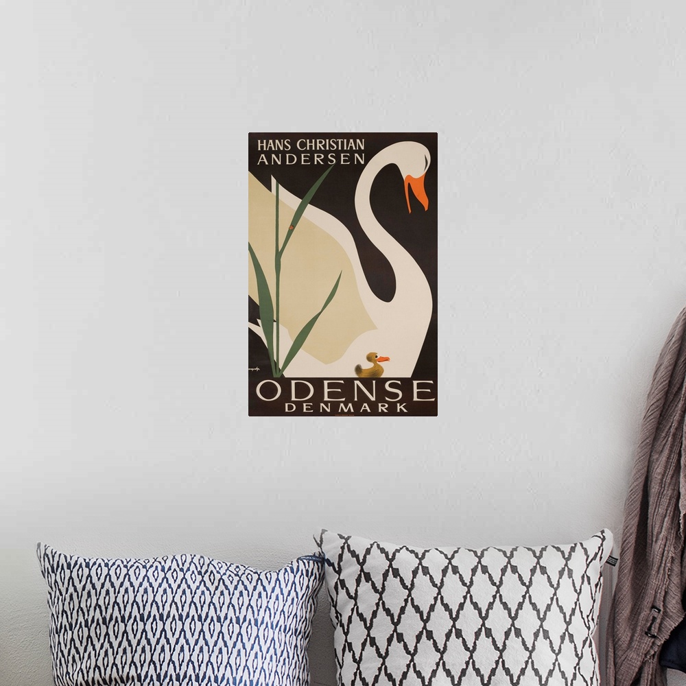 A bohemian room featuring Illustrated by Vagnby, ca 1950s. An ugly duckling swims beside a beautiful swan.