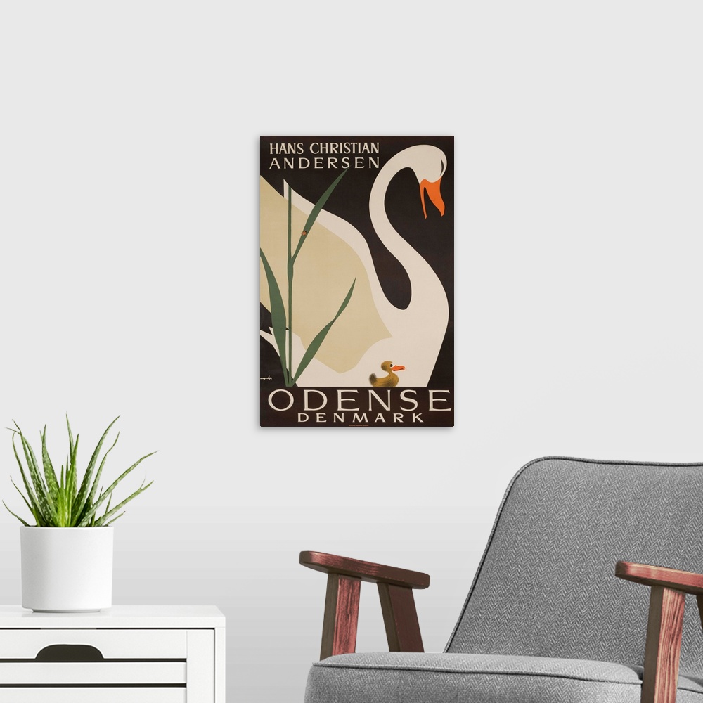 A modern room featuring Illustrated by Vagnby, ca 1950s. An ugly duckling swims beside a beautiful swan.