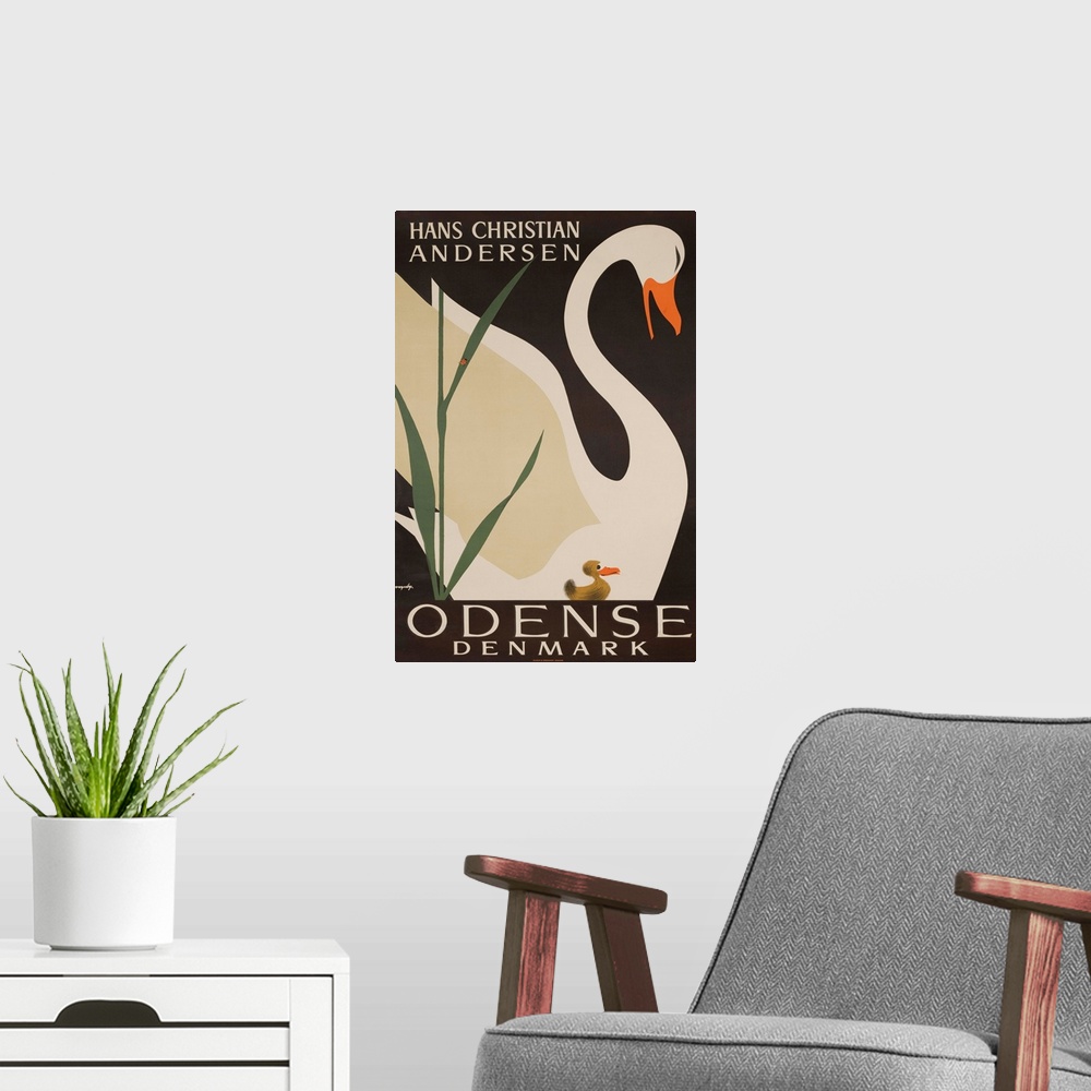 A modern room featuring Illustrated by Vagnby, ca 1950s. An ugly duckling swims beside a beautiful swan.
