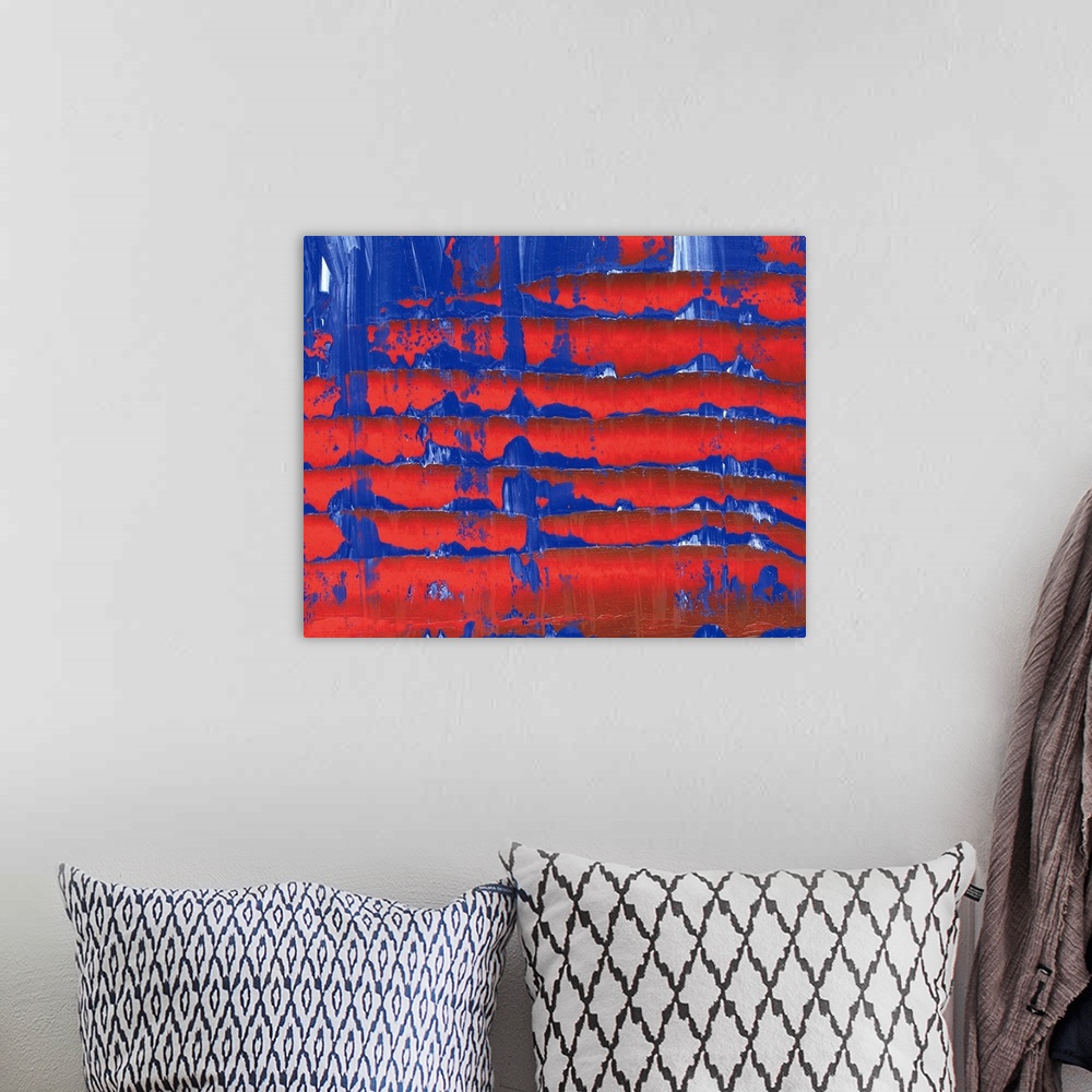 A bohemian room featuring Oil Painting in Red and Blue Colors, Front View