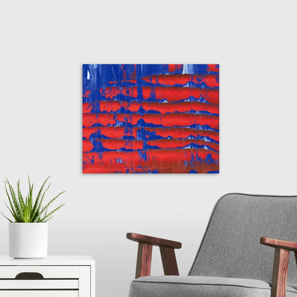 A modern room featuring Oil Painting in Red and Blue Colors, Front View