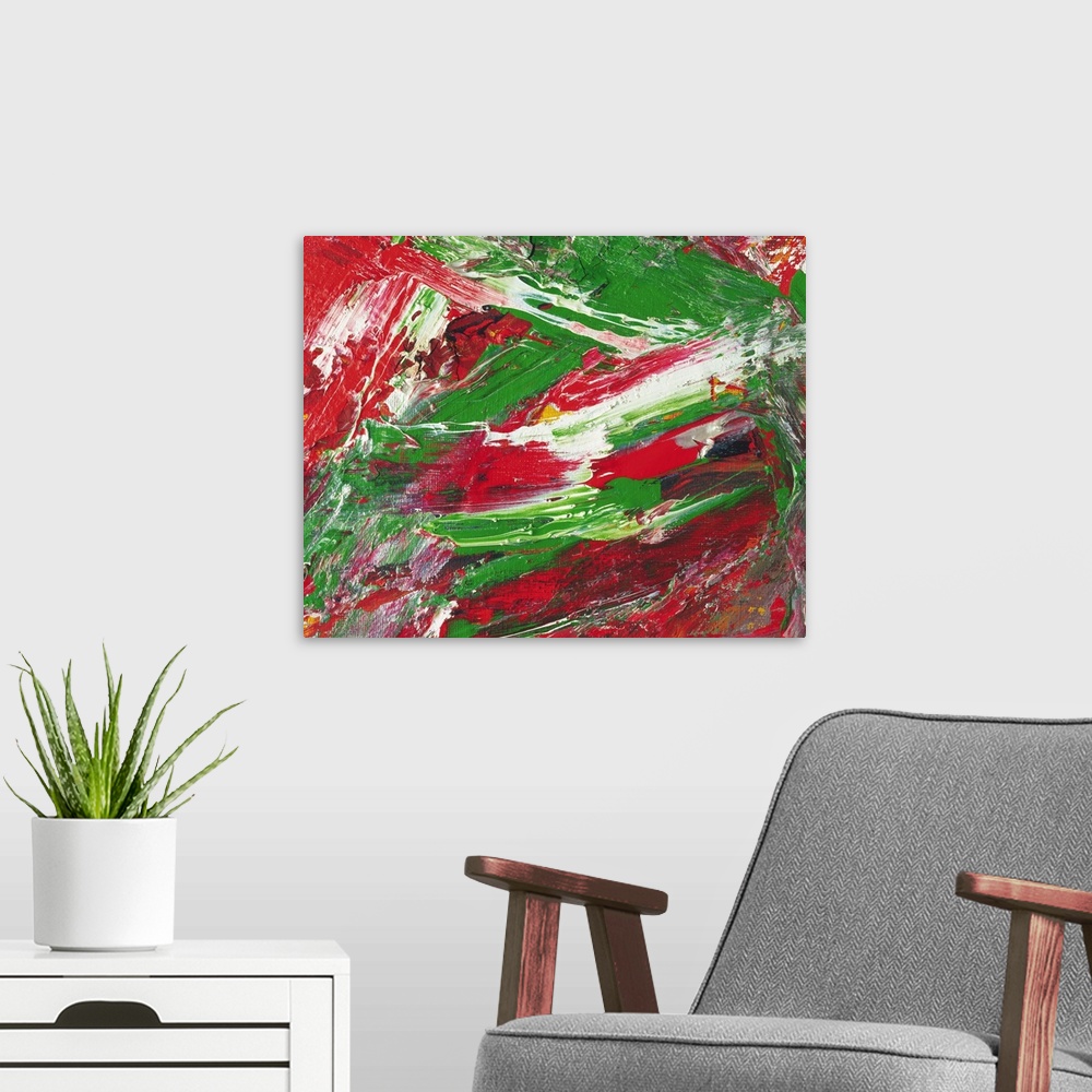 A modern room featuring Oil Painting in Red, Green and White Colors, Front View
