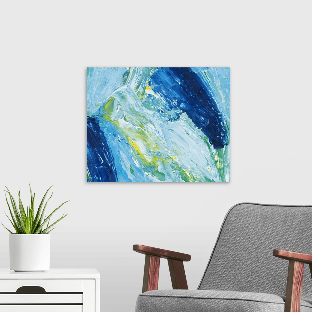 A modern room featuring Painting in blue and green done with broad brushstrokes, giving an impression of crashing waves i...