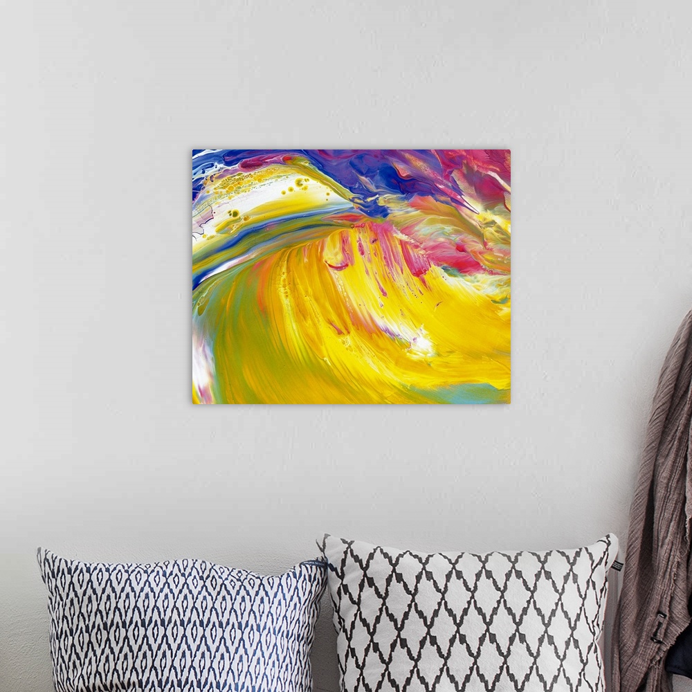 A bohemian room featuring This vividly colored contemporary painting looks like an ocean wave curling and illuminated with ...