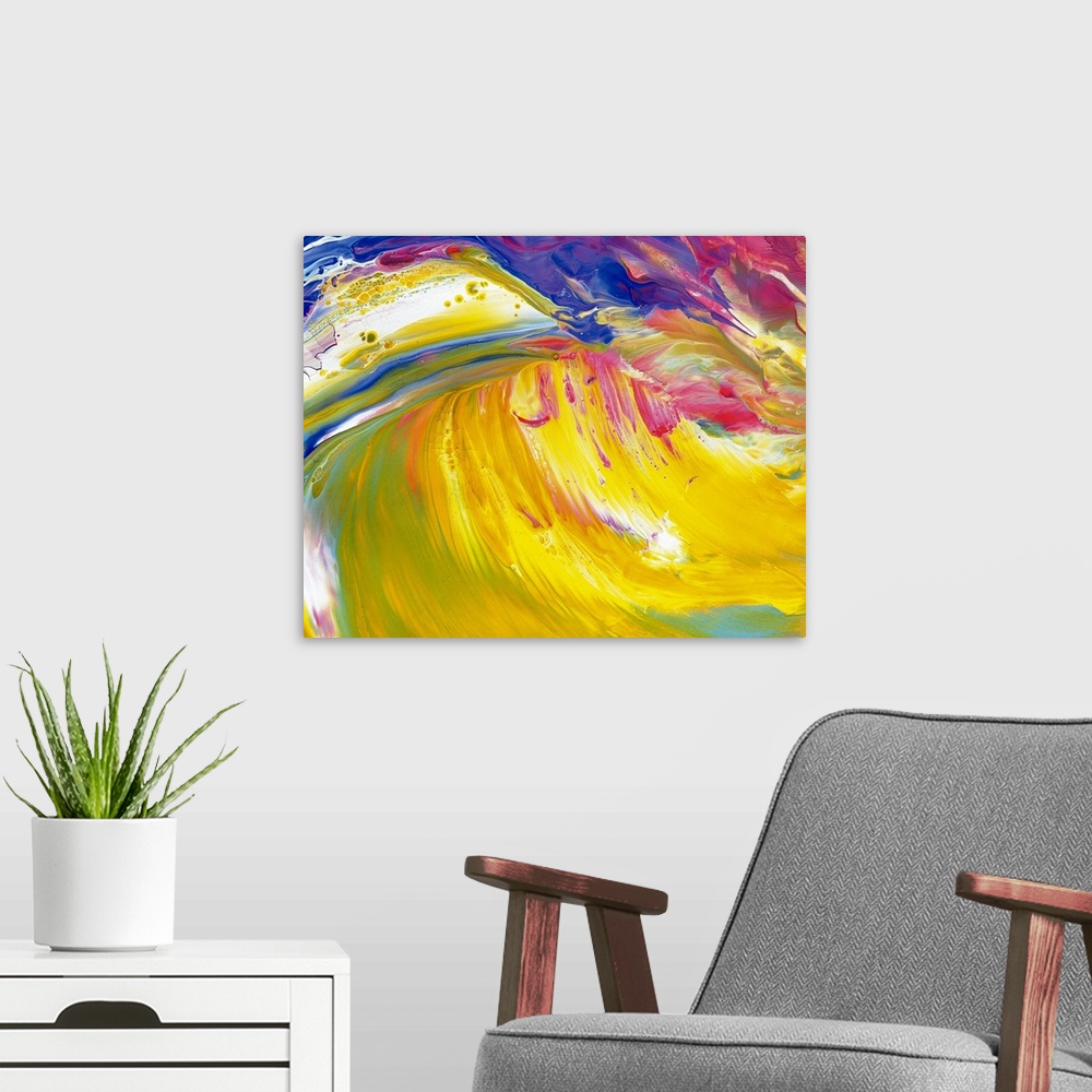 A modern room featuring This vividly colored contemporary painting looks like an ocean wave curling and illuminated with ...