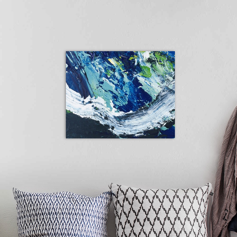 A bohemian room featuring This abstract pieces uses oil paints in cool colors that are applied in various directions and te...