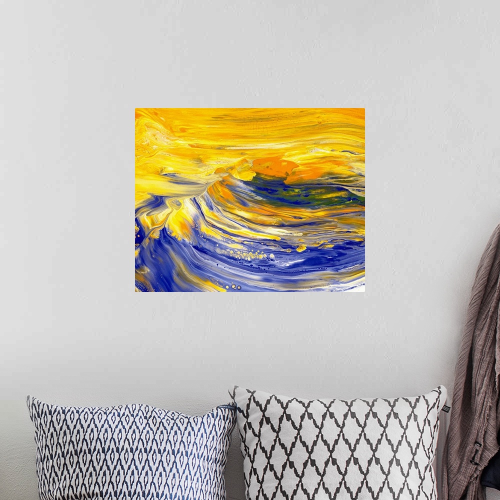 A bohemian room featuring Bright colored abstract oil painting of waves.
