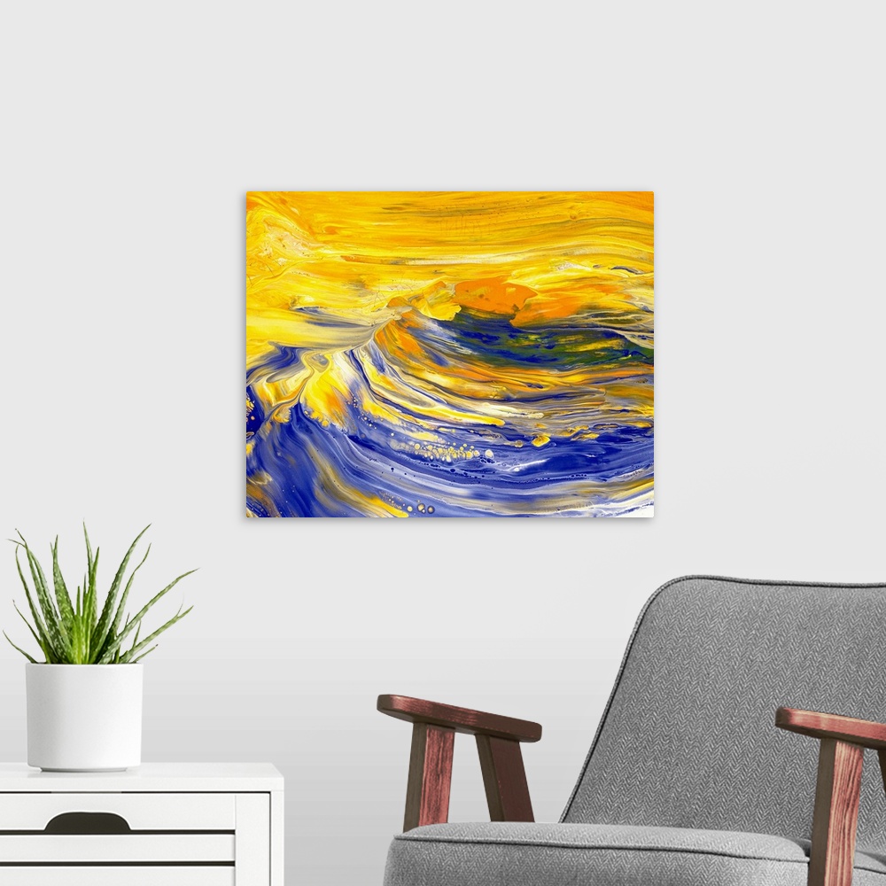 A modern room featuring Bright colored abstract oil painting of waves.