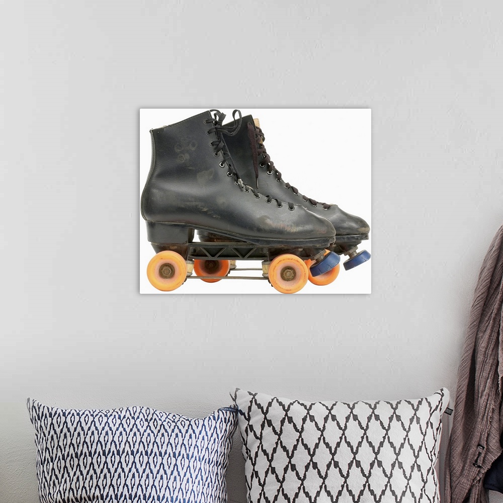 A bohemian room featuring old-fashioned roller skates
