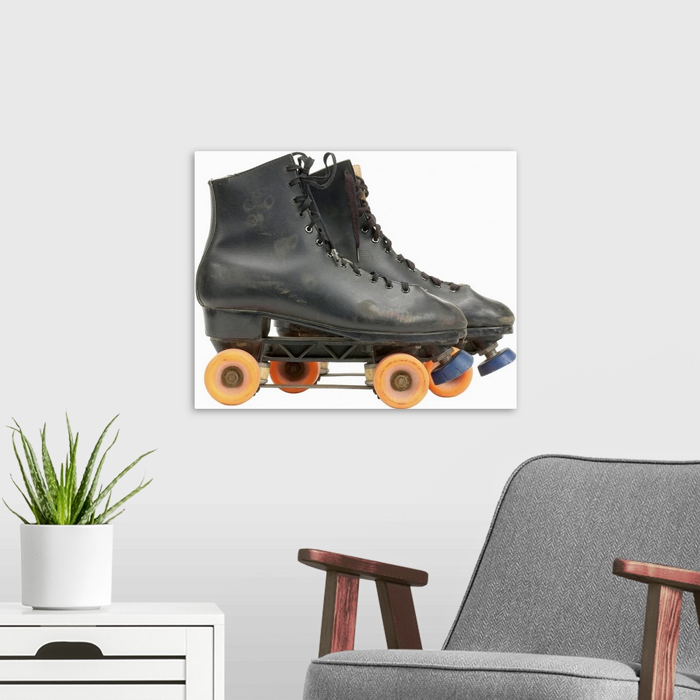A modern room featuring old-fashioned roller skates