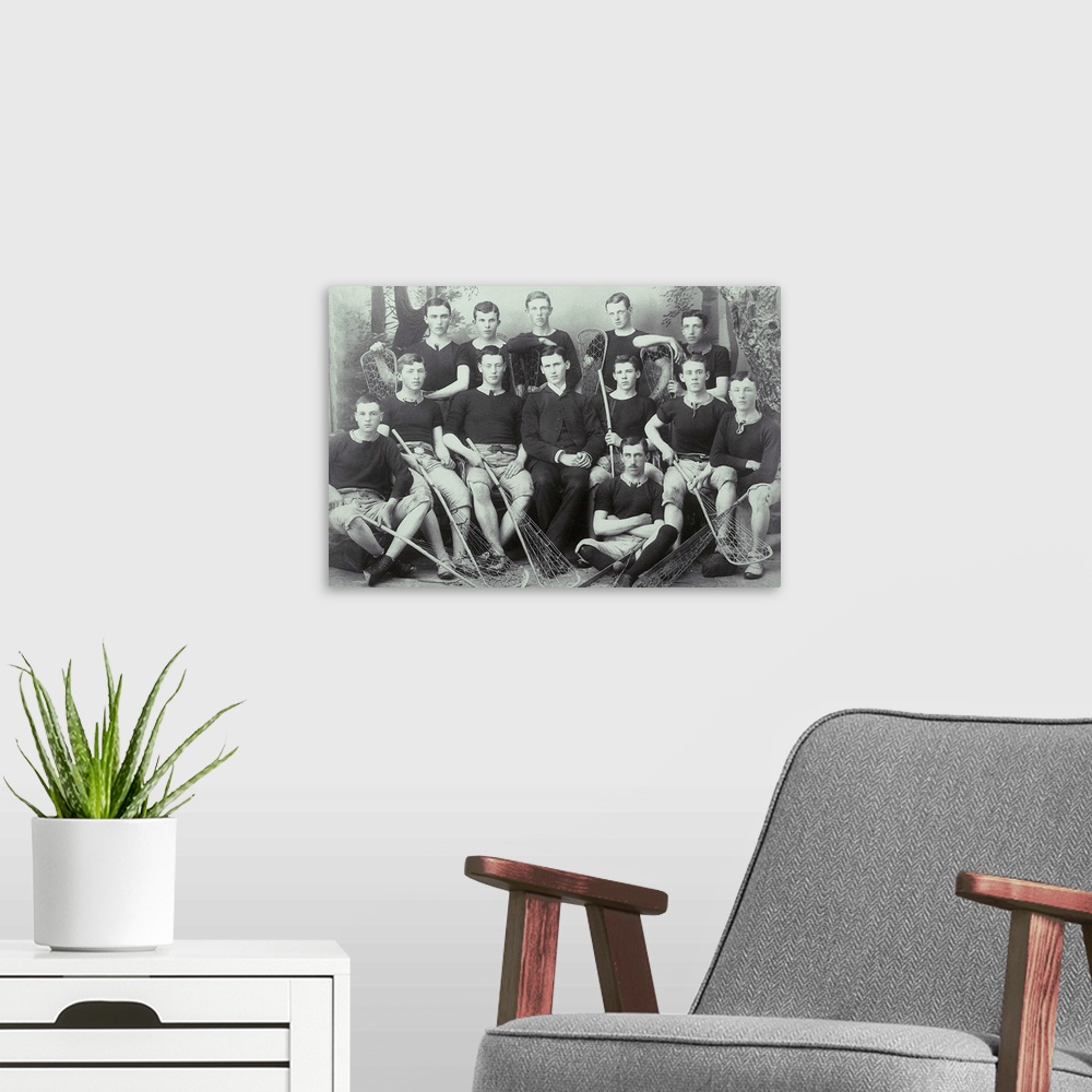 A modern room featuring Old photo of lacrosse team