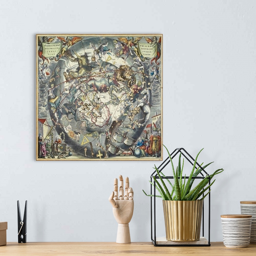 A bohemian room featuring This large piece is a vintage map of the old world with many different paintings of things and cr...
