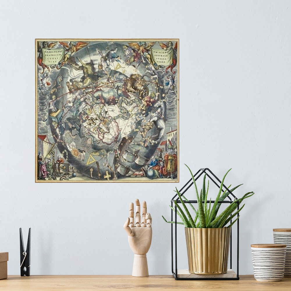 A bohemian room featuring This large piece is a vintage map of the old world with many different paintings of things and cr...