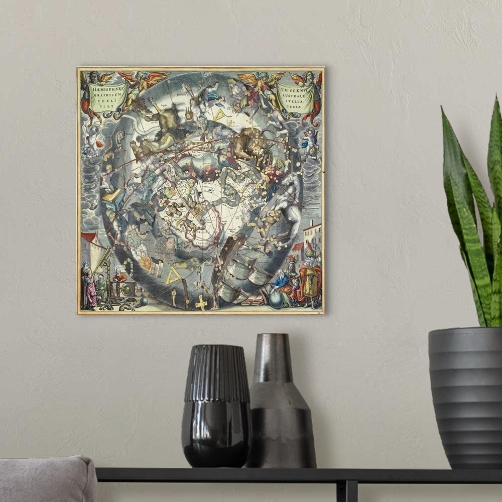 A modern room featuring This large piece is a vintage map of the old world with many different paintings of things and cr...