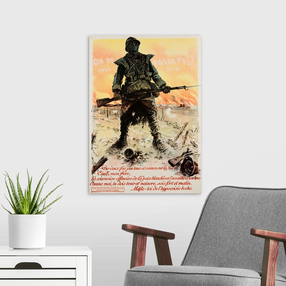 A modern room featuring This poster encouraged French citizens to support the war effort.The translated text reads: Twice...