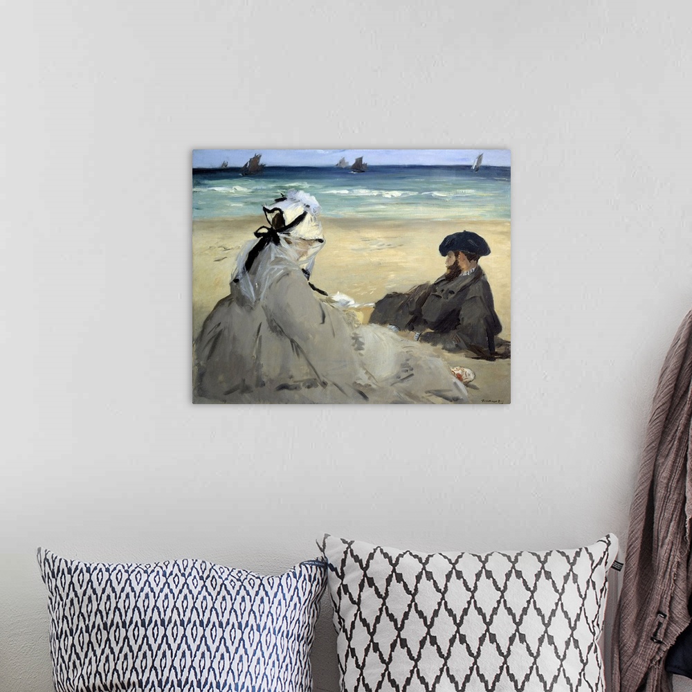 A bohemian room featuring On the beach. Suzanne Manet, wife of the artist and Eugene, the painter's brother, on the beach a...