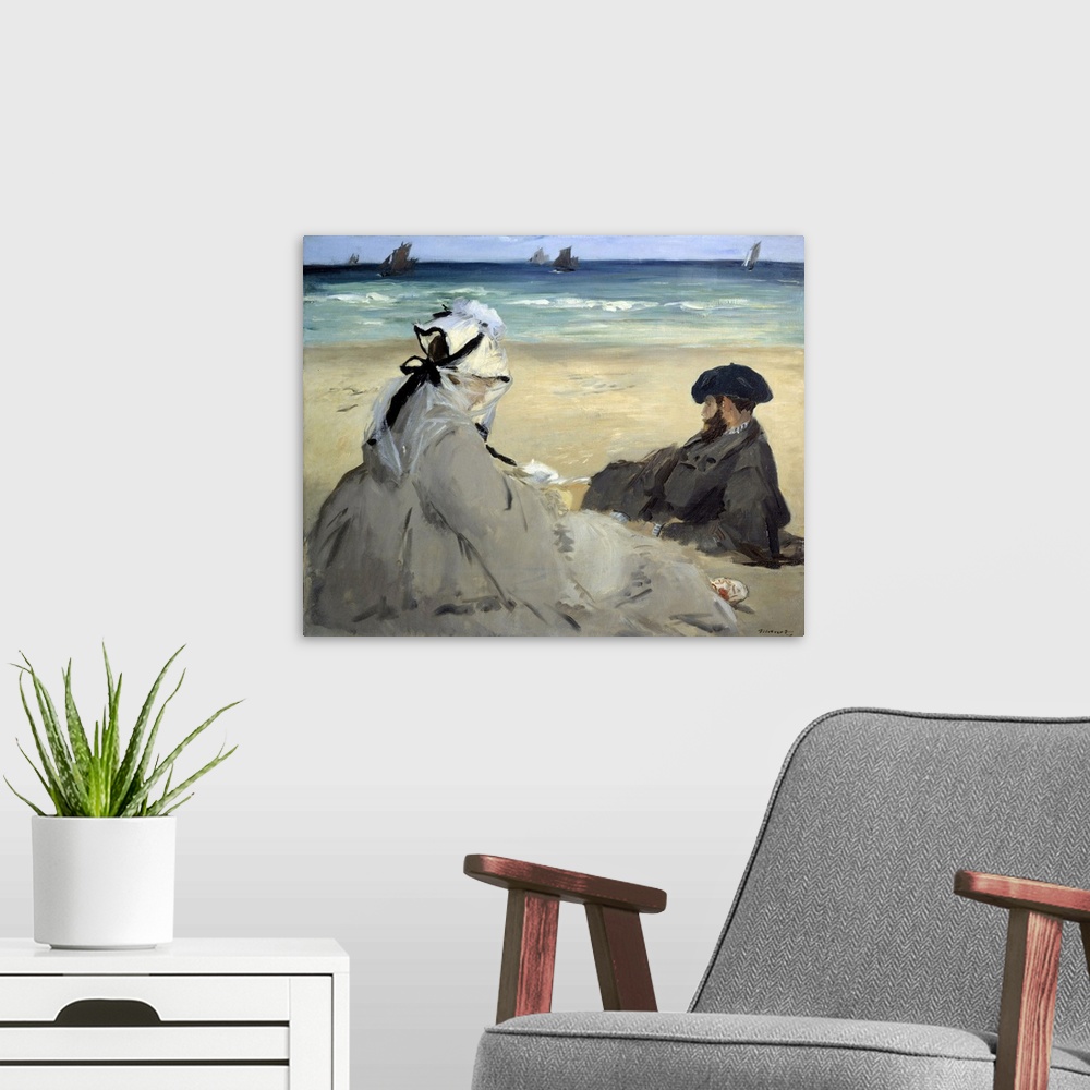 A modern room featuring On the beach. Suzanne Manet, wife of the artist and Eugene, the painter's brother, on the beach a...