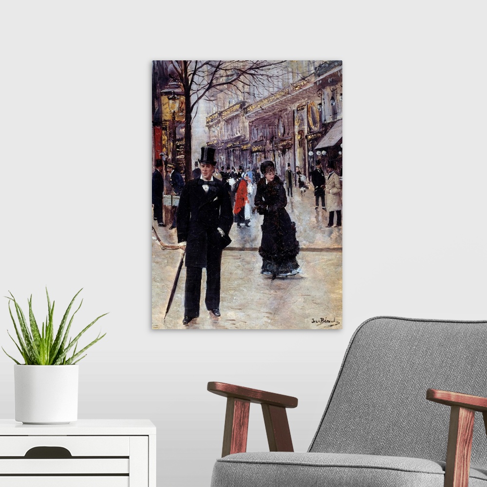A modern room featuring On the Boulevard. Parisian scene during La Belle Eopque. On the left, a Morris Column. Painting b...