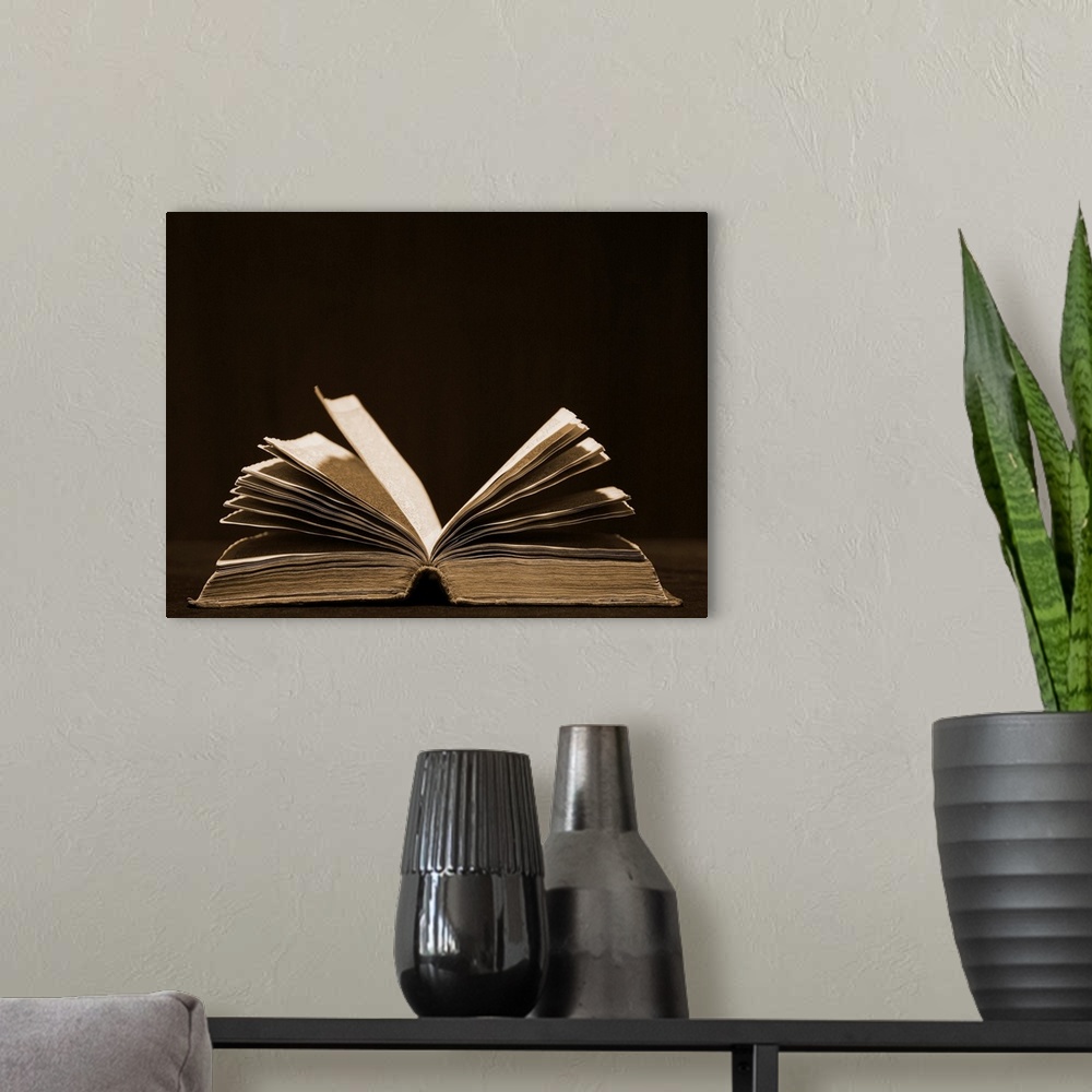 A modern room featuring Big photo canvas art of an vintage looking book opened to the middle.
