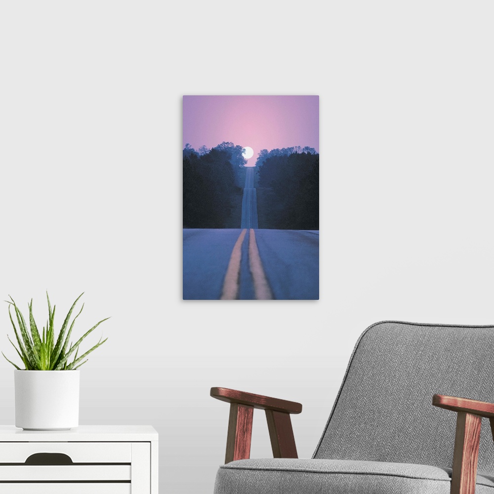 A modern room featuring Open road with moon rising