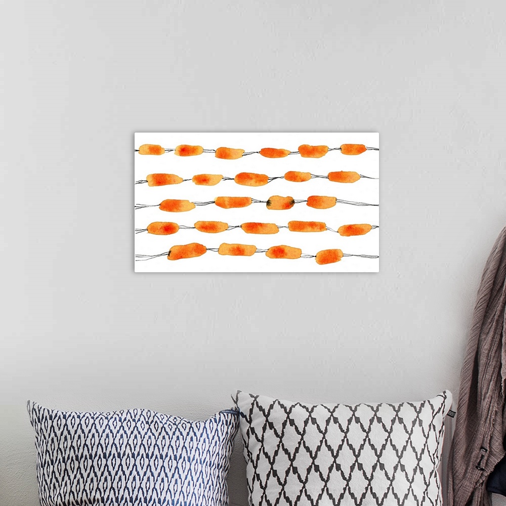 A bohemian room featuring Painting of black lines and orange irregular shapes.