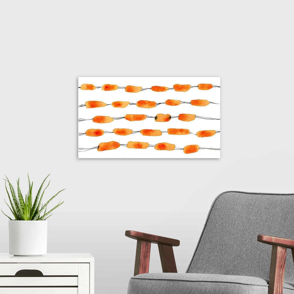 A modern room featuring Painting of black lines and orange irregular shapes.