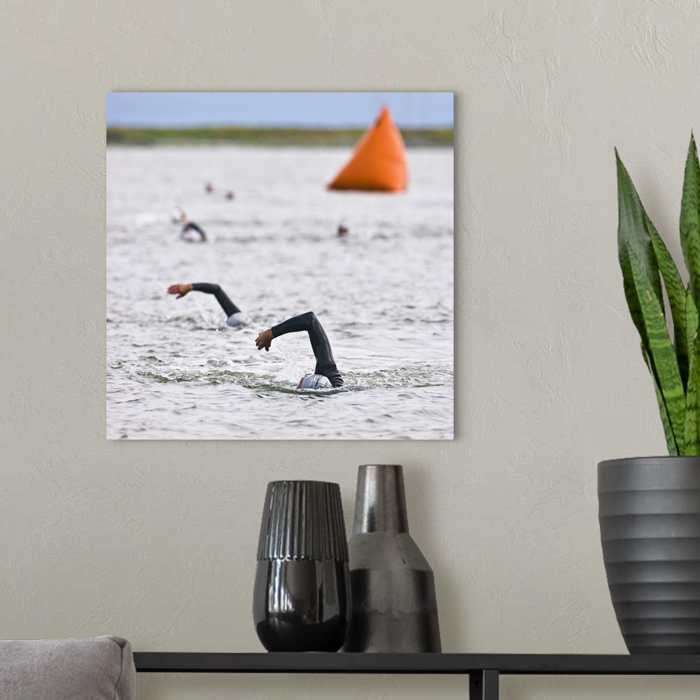 A modern room featuring Orange course marker buoy