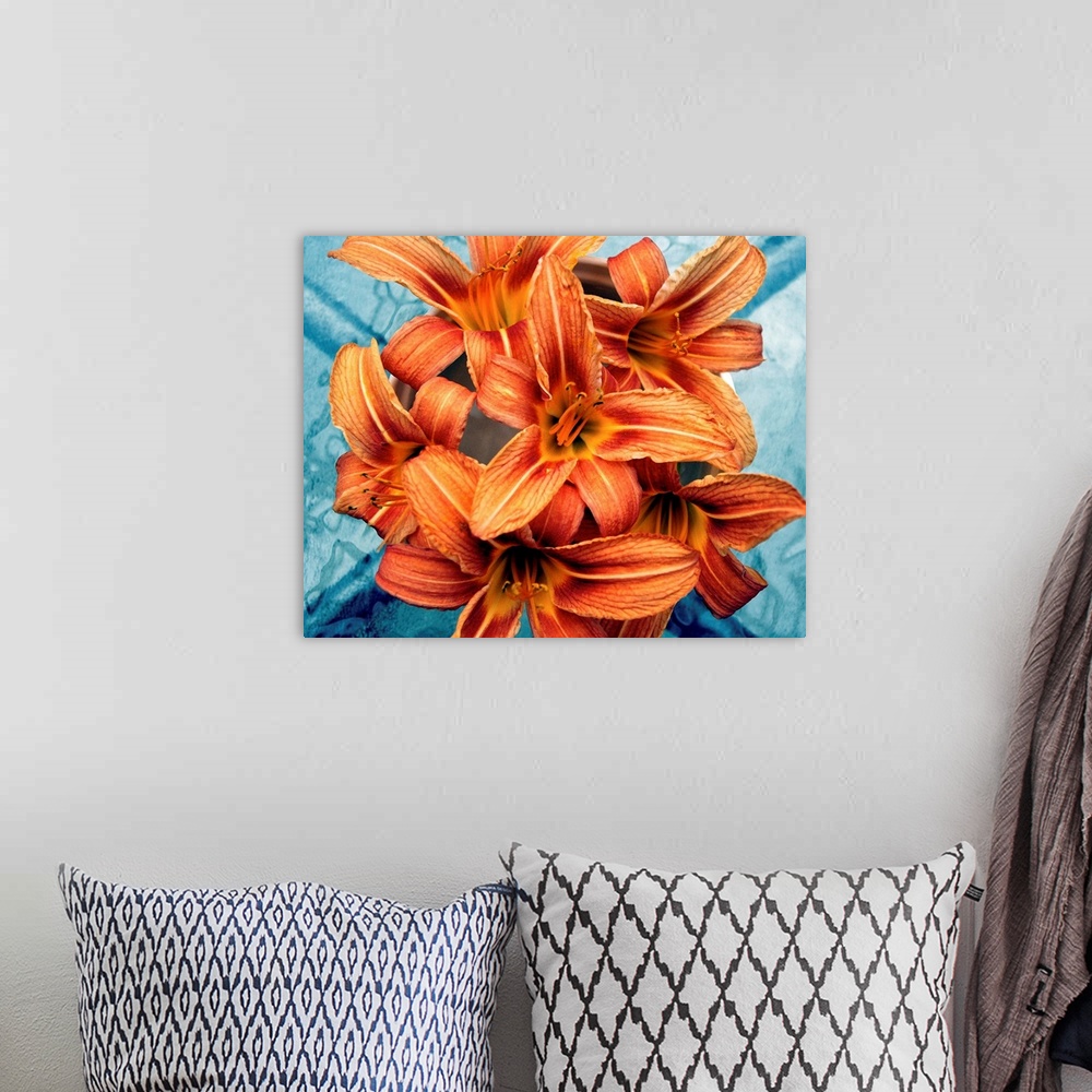 A bohemian room featuring Orange day-lilies on blue glass.