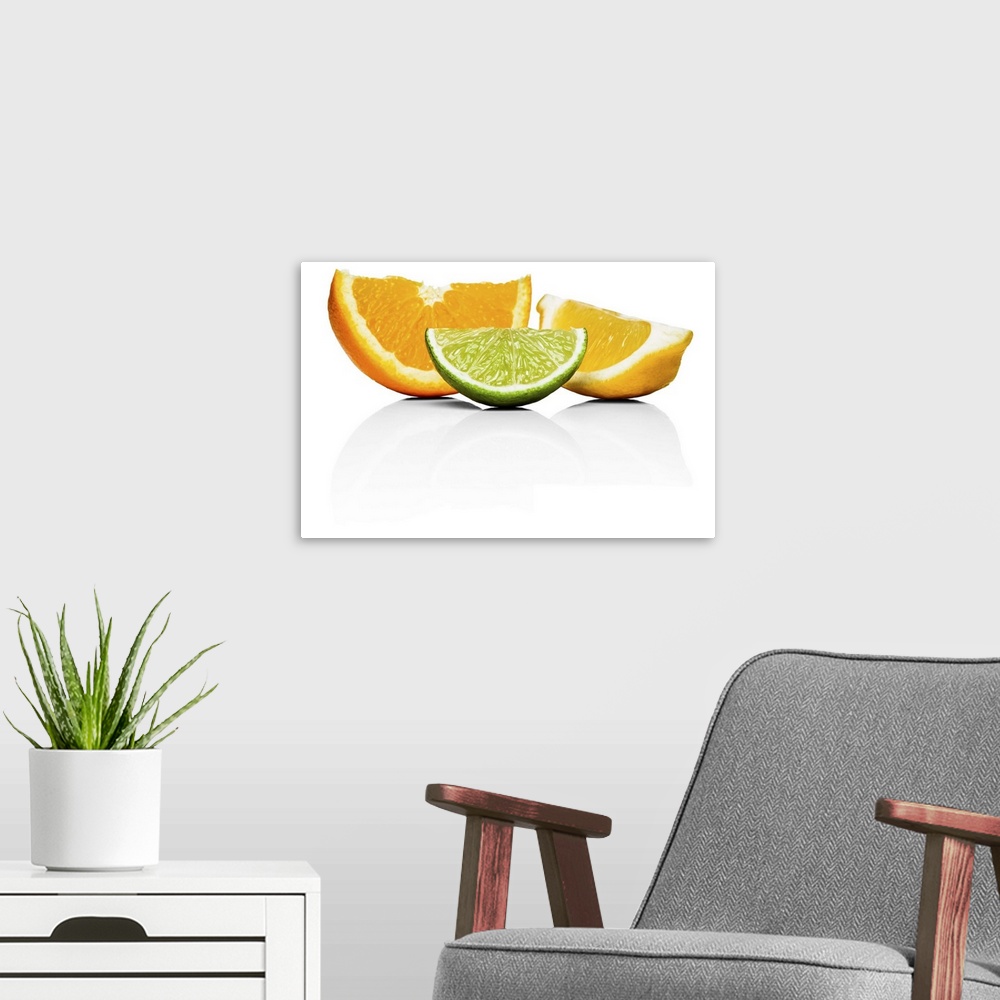A modern room featuring Orange, lime and lemon wedges, on white background, cut out
