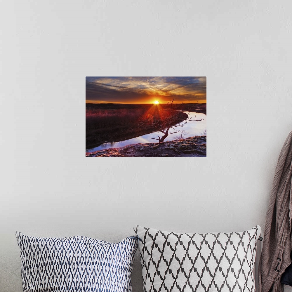 A bohemian room featuring View from a bluff overlooking the Osage River during sunset with a colorful sunset.