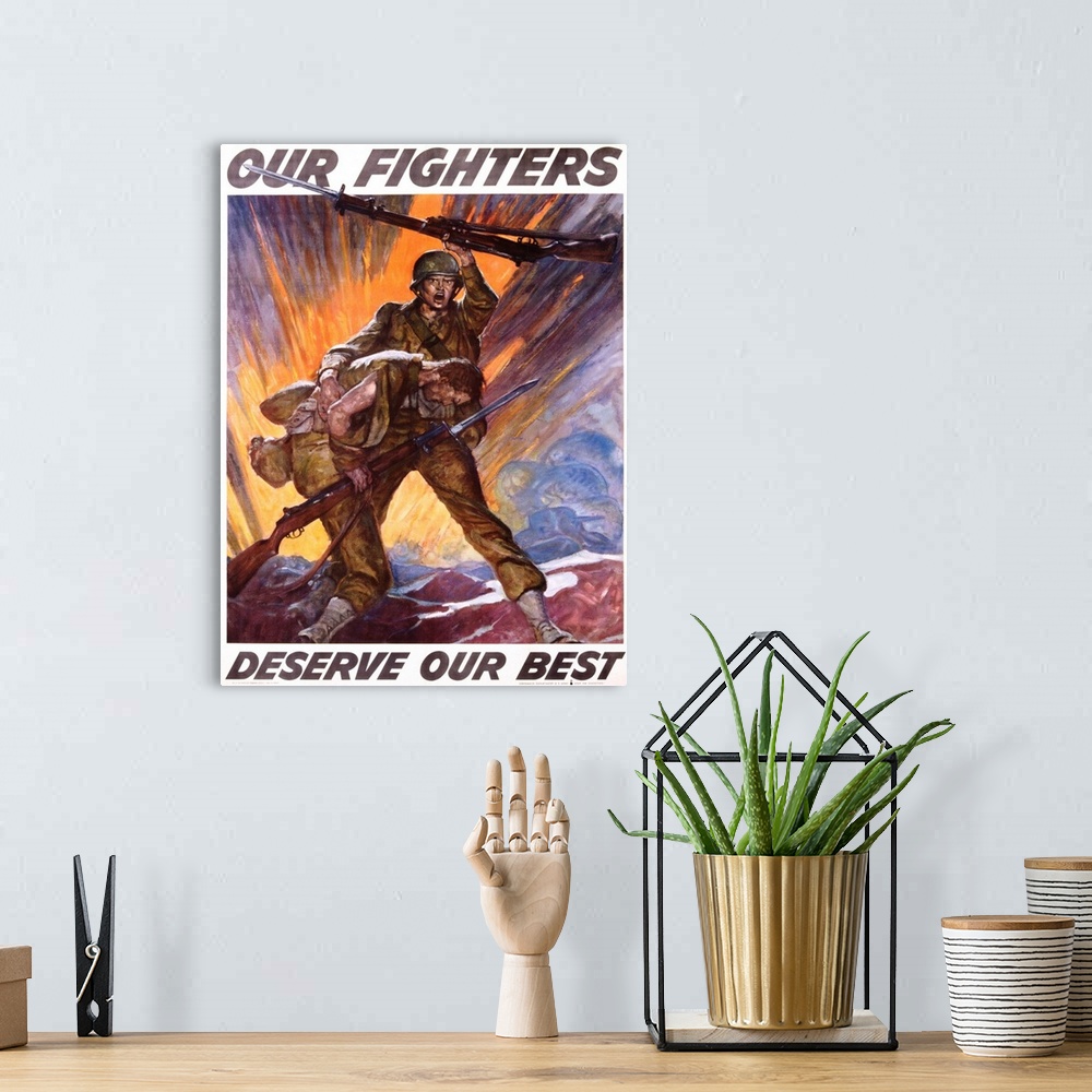 A bohemian room featuring Our Fighters Deserve Our Best Poster