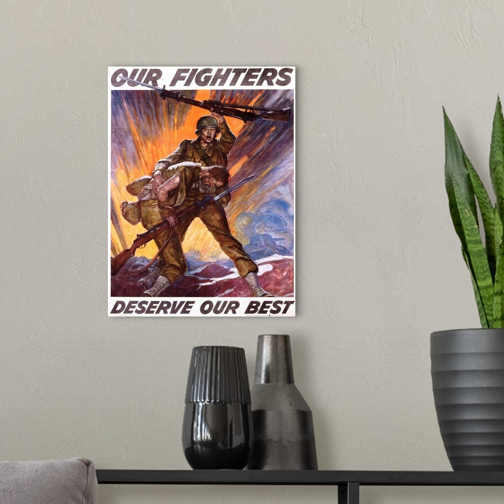 A modern room featuring Our Fighters Deserve Our Best Poster