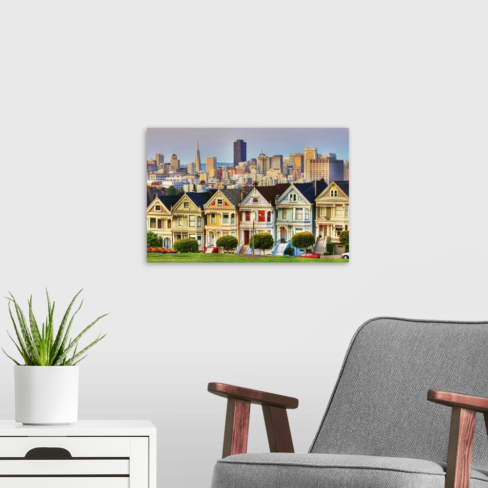 A modern room featuring This famous row of colorful Victorians known as the 'Painted Ladies', located at Alamo Square, we...