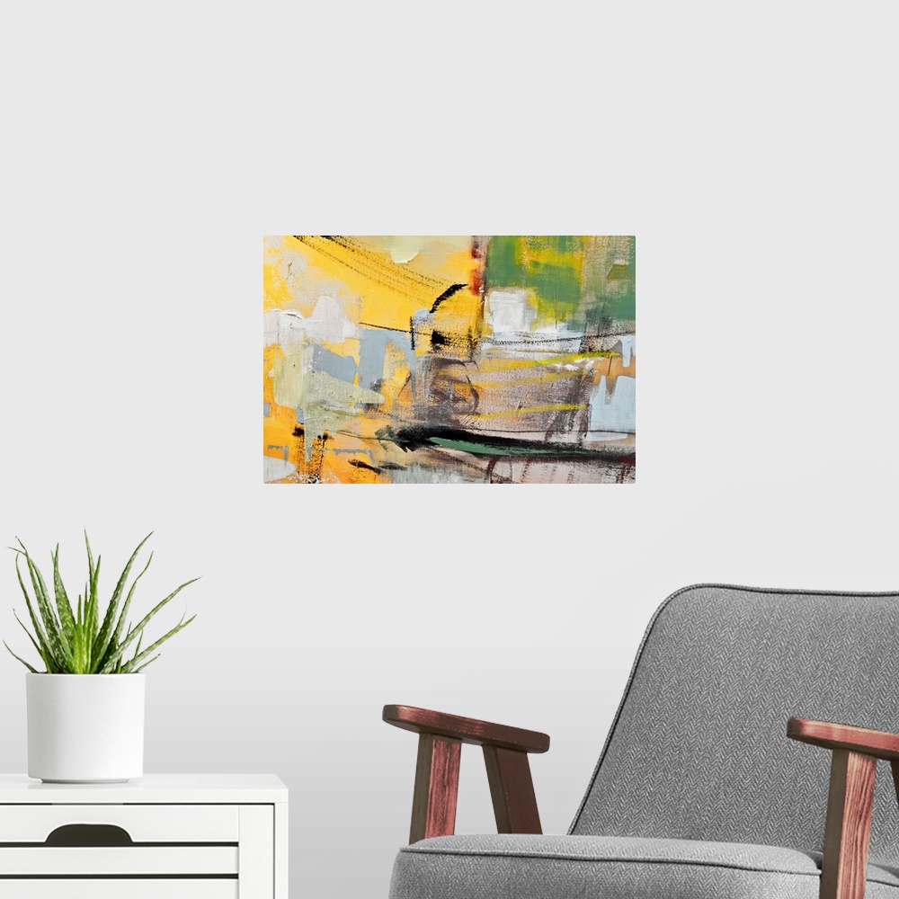 A modern room featuring Abstract painting backgrounds