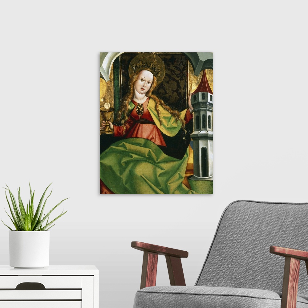 A modern room featuring Painting depicting St. Barbara