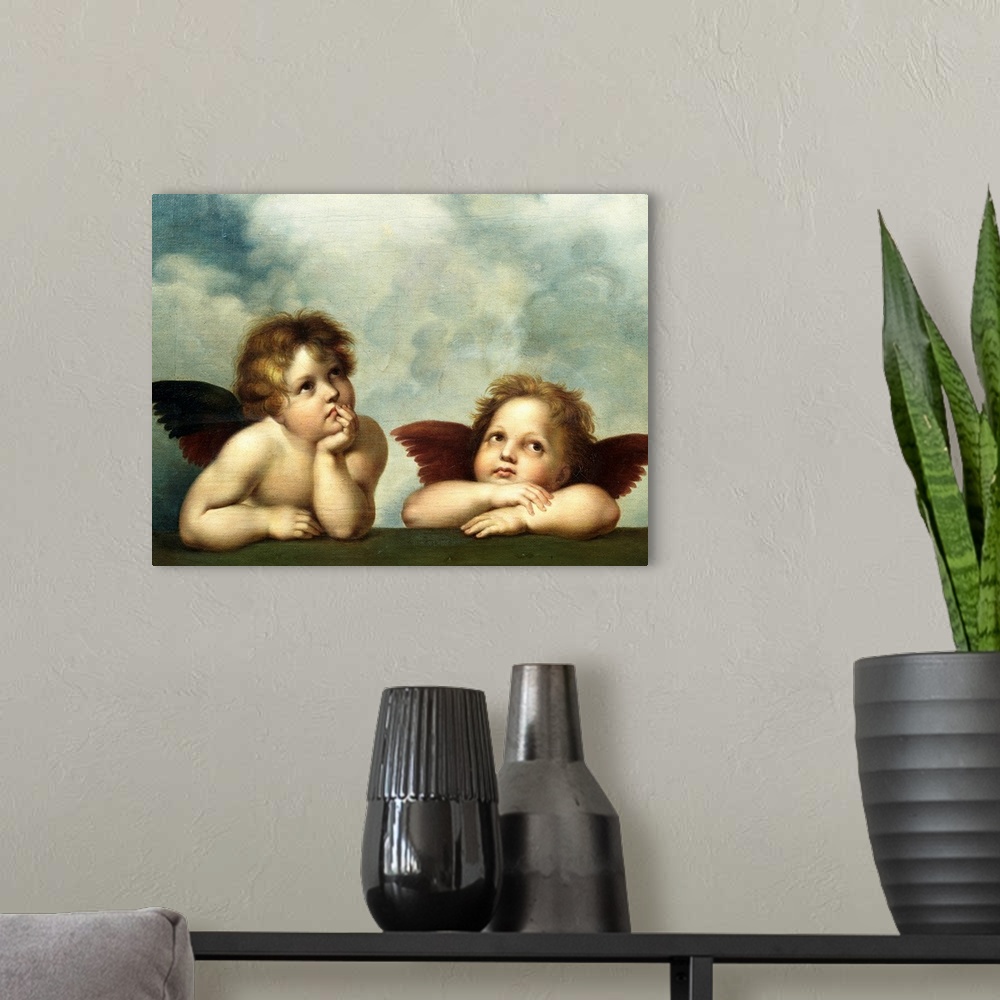A modern room featuring Painting Of Cherubim After A Detail Of Sistine Madonna By Raphael