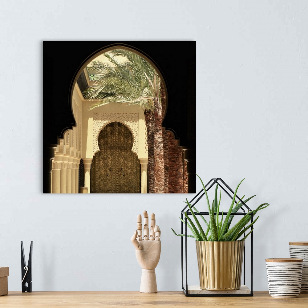 A bohemian room featuring Arch, Arch way, Moroccan Culture, travel destinations, Palm tree, Ornate, Architecture, frame, co...