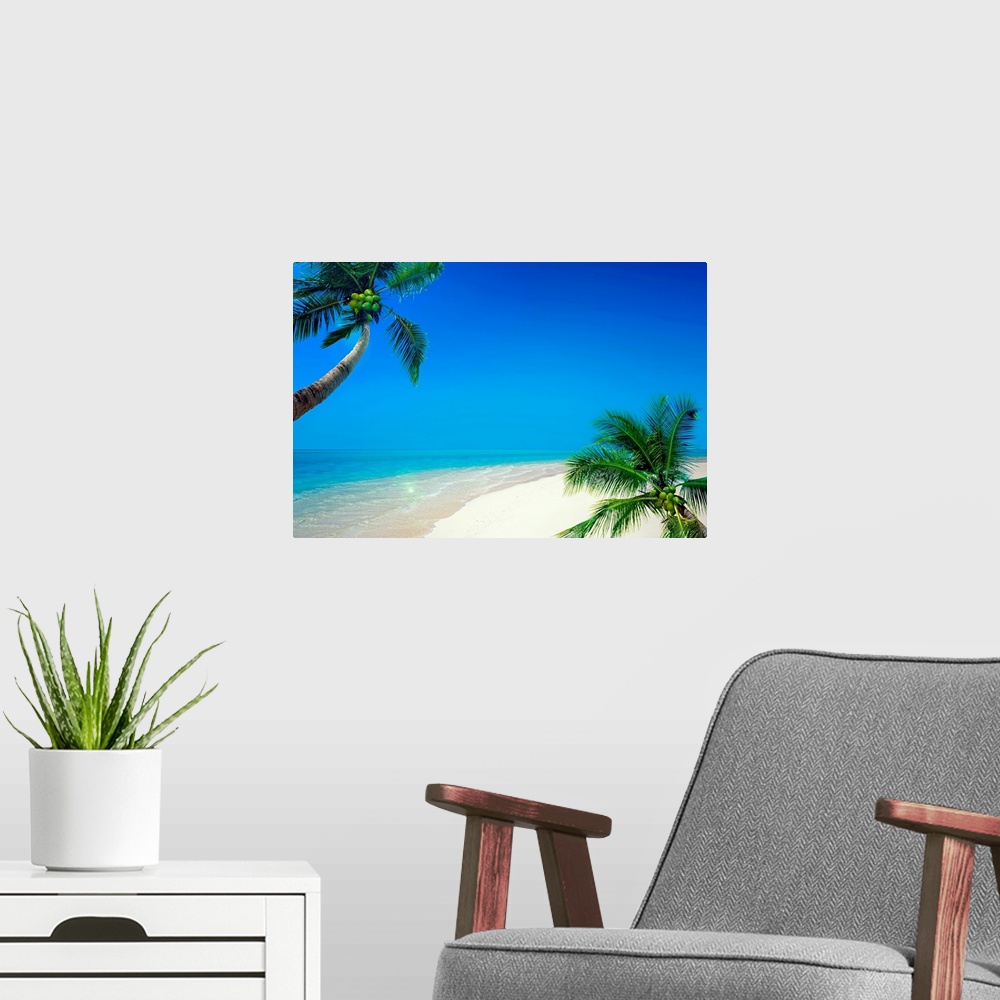 A modern room featuring Large photograph displays two tall palm trees filled with coconuts sitting on a beach as waves fr...