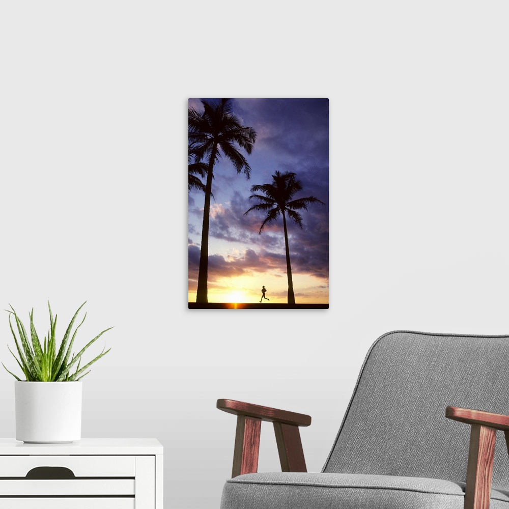 A modern room featuring Palm trees at sunset, Woman jogs past, captured while she is in midair.