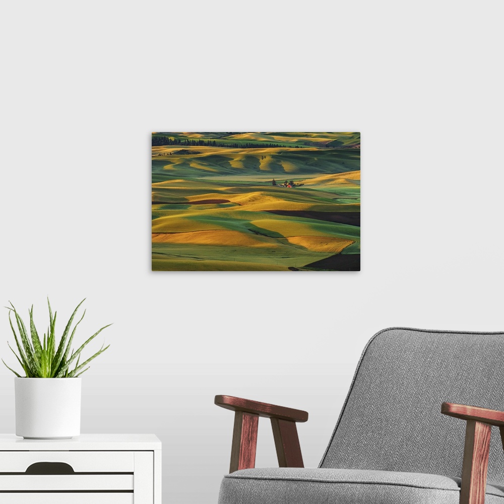 A modern room featuring hills and farms in Palouse area