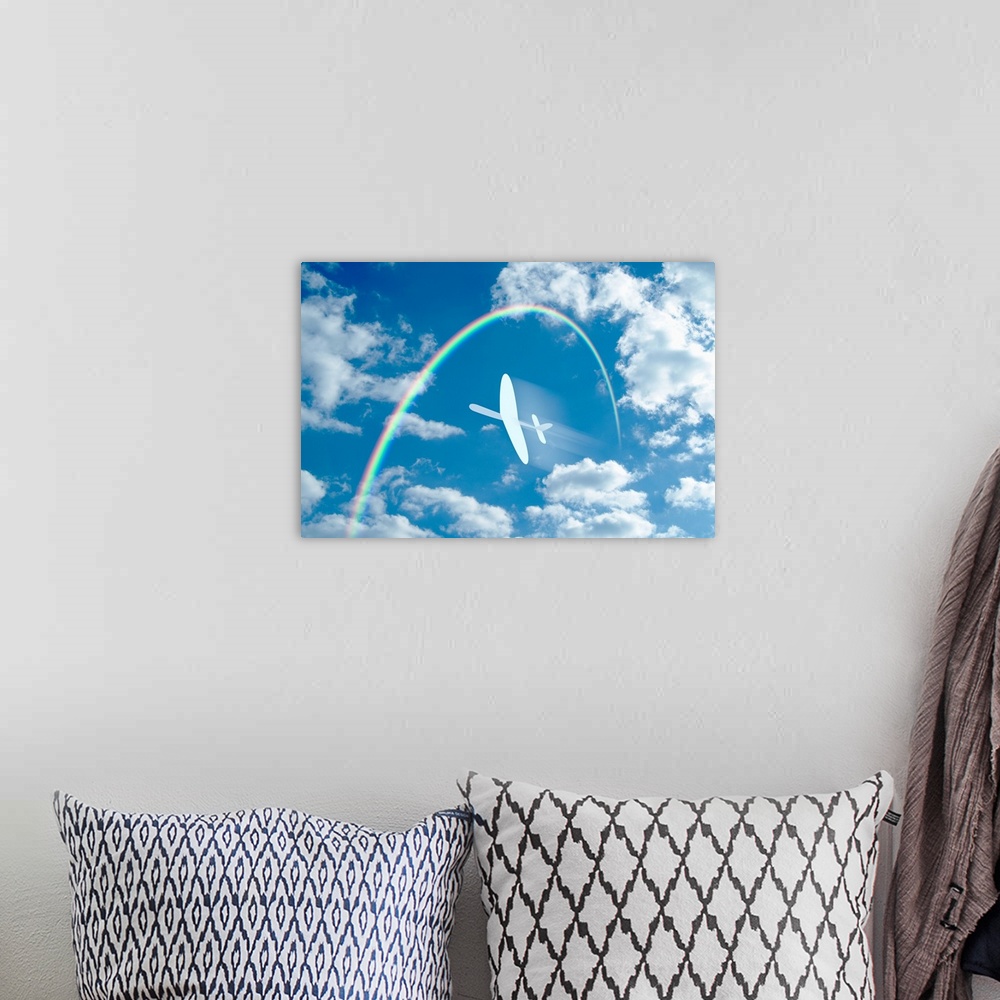 A bohemian room featuring Paper airplane flying through a blue sky and clouds towards a rainbow