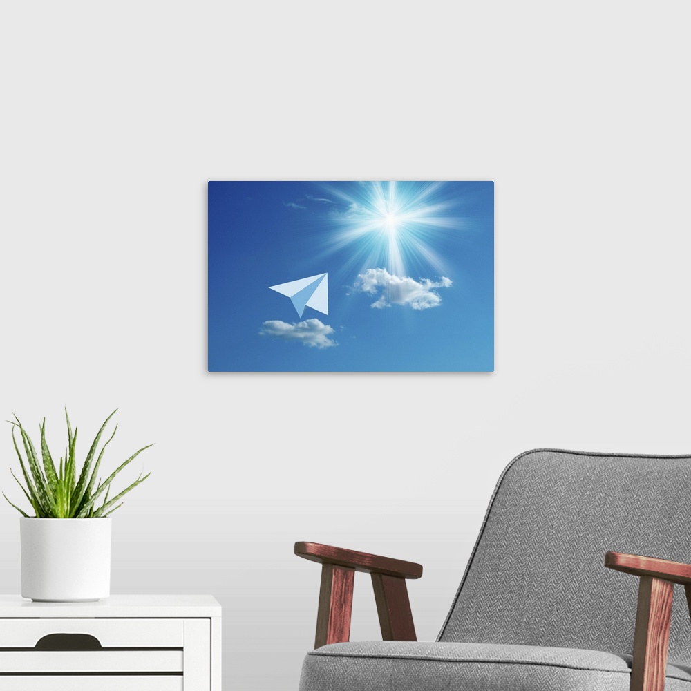 A modern room featuring Paper airplane flying towards the sun