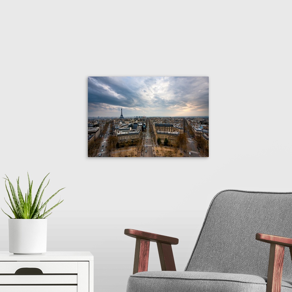 A modern room featuring Paris and Eiffel Tower, taken from the top of Arc de Triomphe.