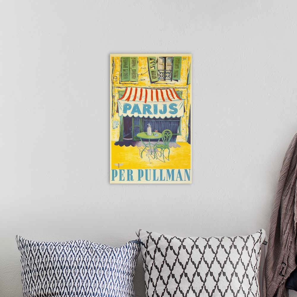 A bohemian room featuring Vintage poster of outdoor cafe in Paris