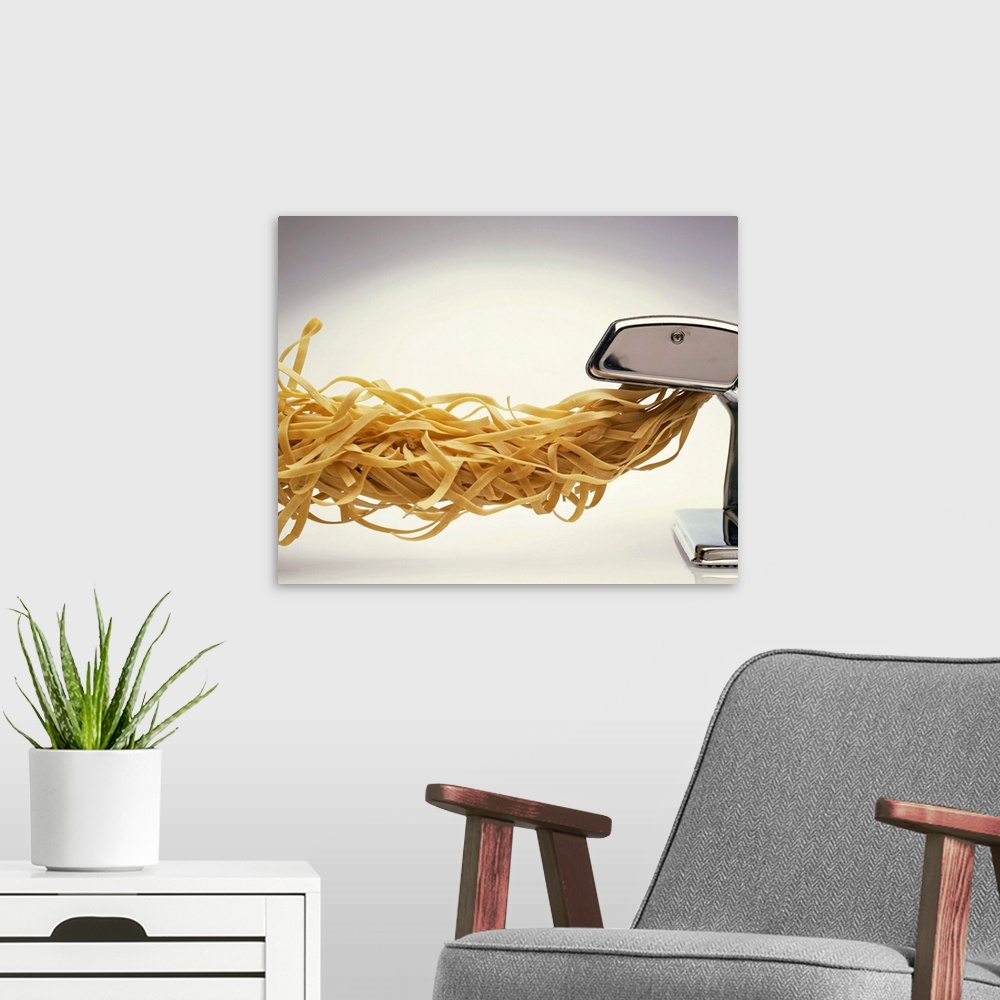 A modern room featuring Pasta coming out of pasta machine