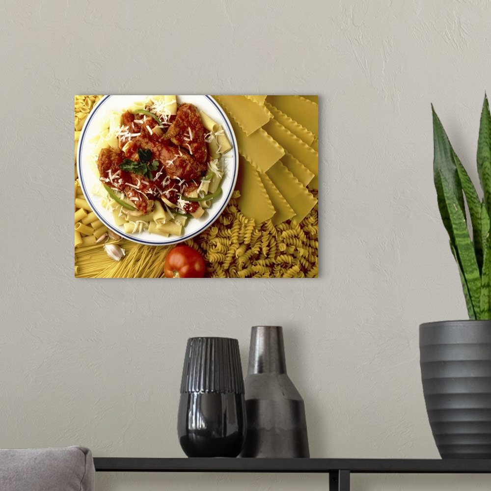 A modern room featuring Pasta plate on bed of dry pasta
