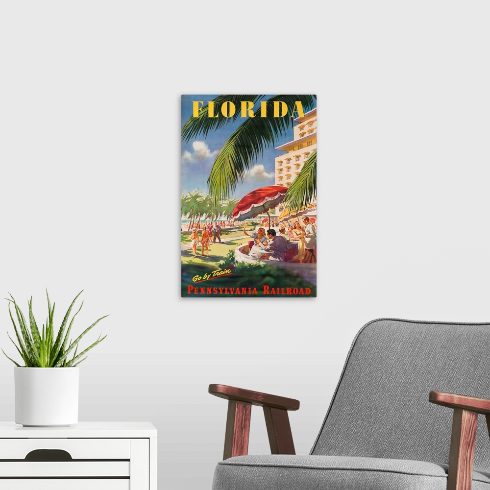 A modern room featuring ca 1950's travel poster. Happy couples dine and relax ocean side, next to stylish hotel