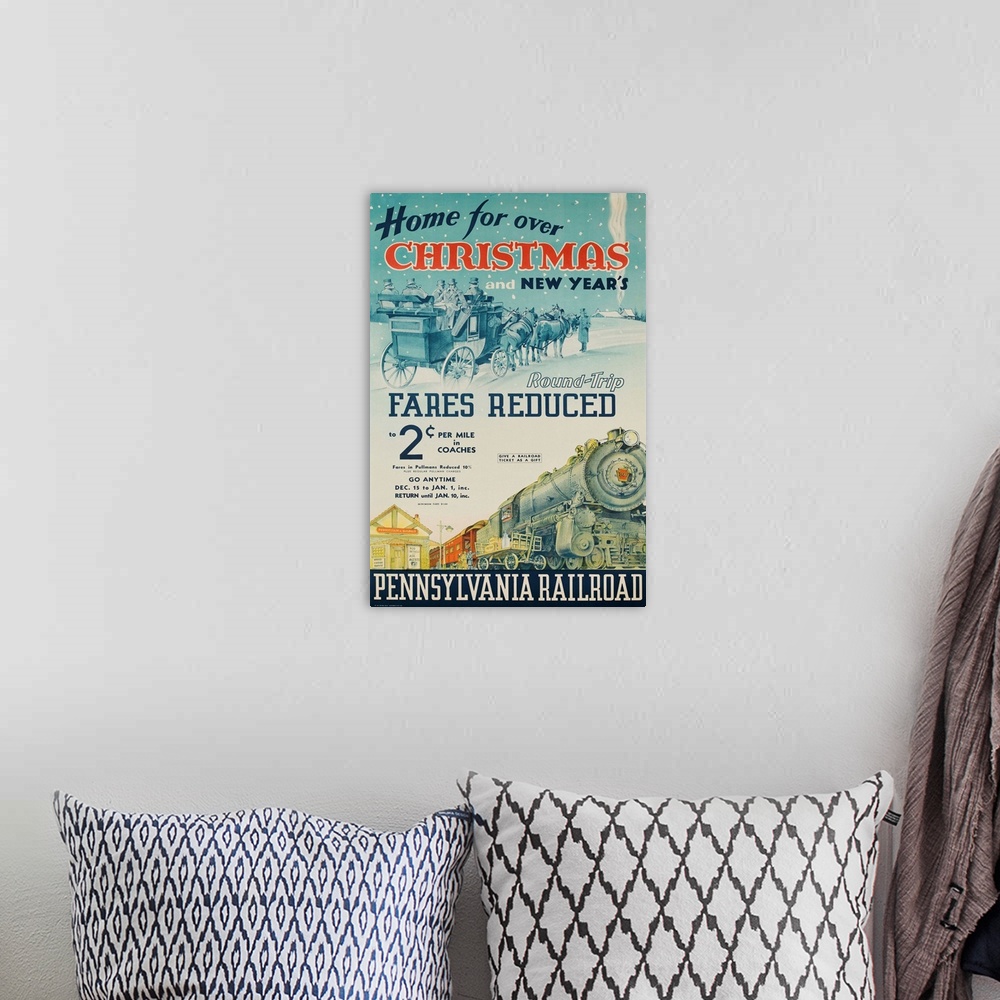 A bohemian room featuring ca 1930s travel poster offering discounted fares for holiday travel.